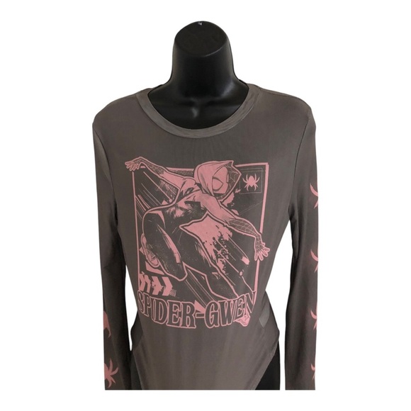 Marvel’s Spiderman Gwen olive green brown pink graphic print sheer mesh top sz L - Picture 10 of 16